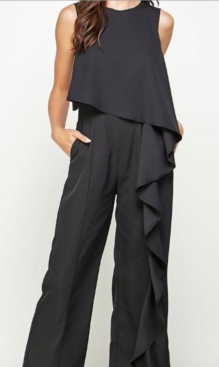 ASYMMETRIC RUFFLED JUMPSUIT - Black