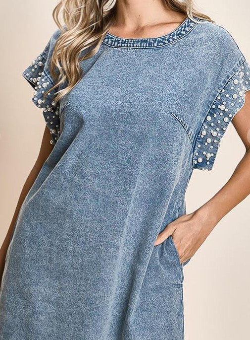 Denim dress with pearls hotsell