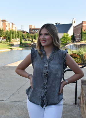 Denim Ruffled Top in Grey