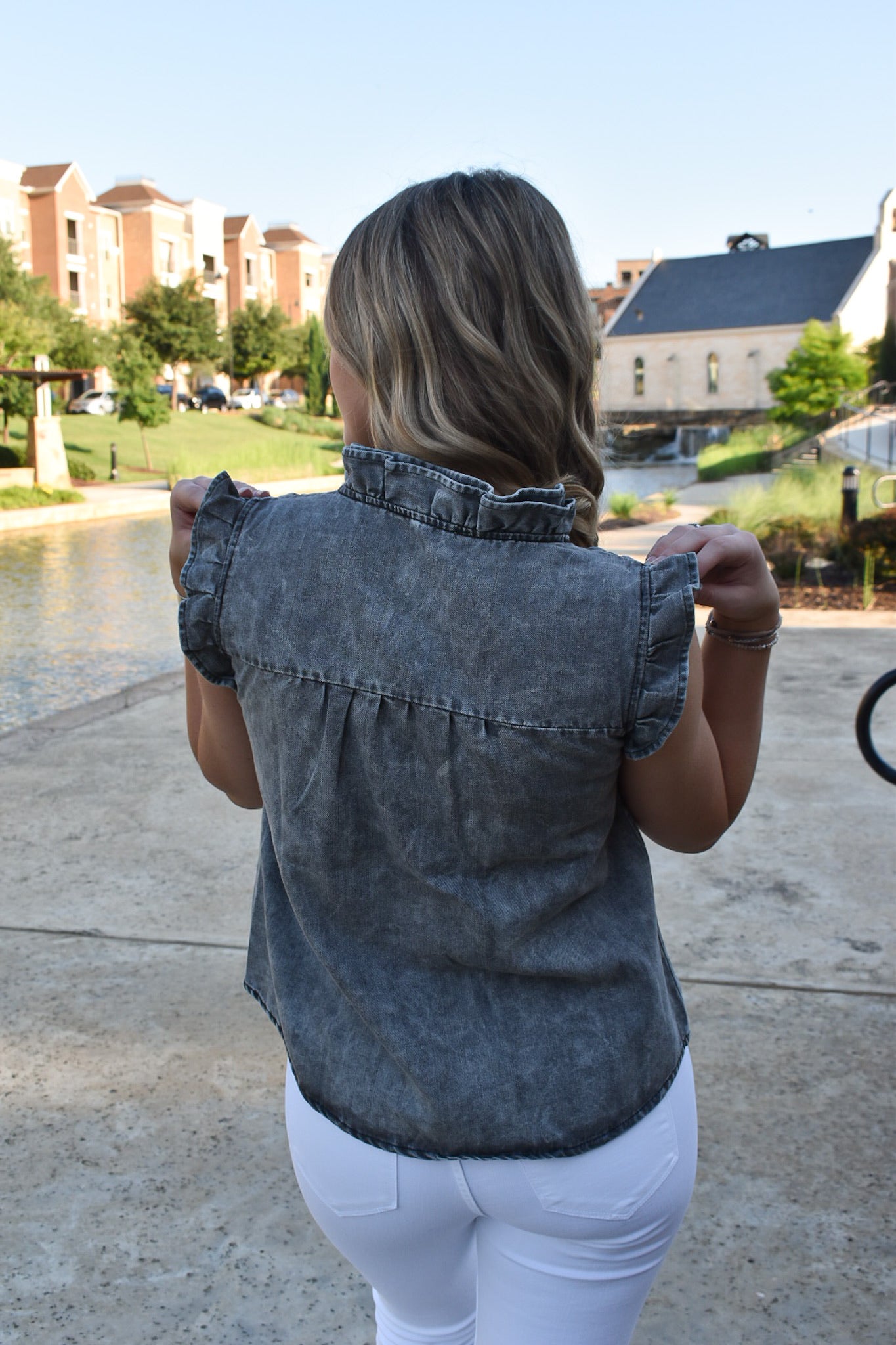 Denim Ruffled Top in Grey