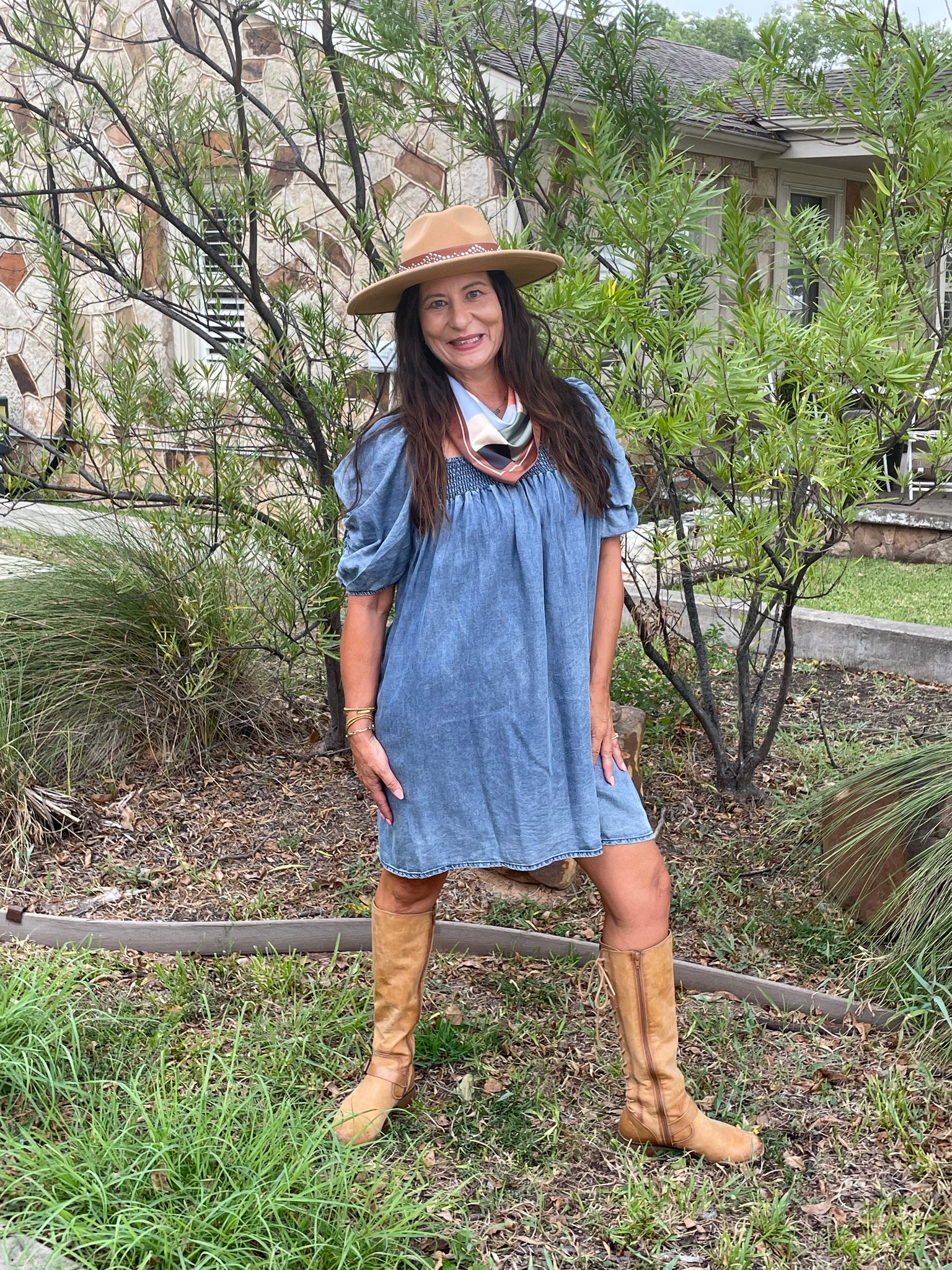 Smock Neck Denim Dress