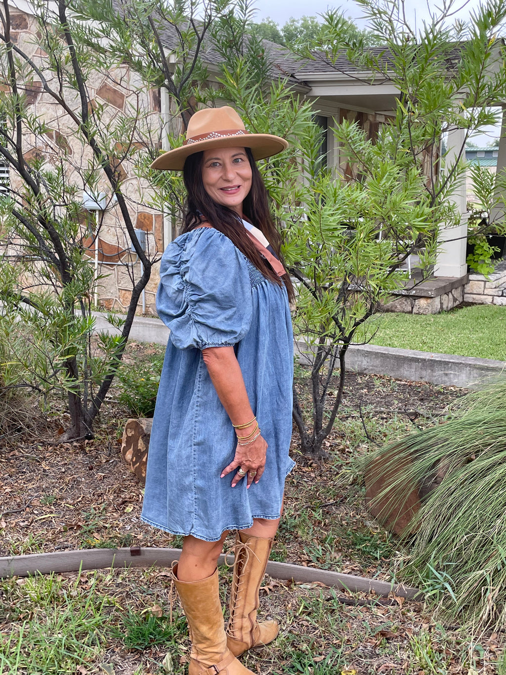 Smock Neck Denim Dress