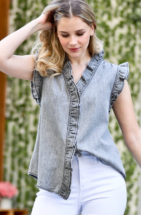 Denim Ruffled Top in Grey