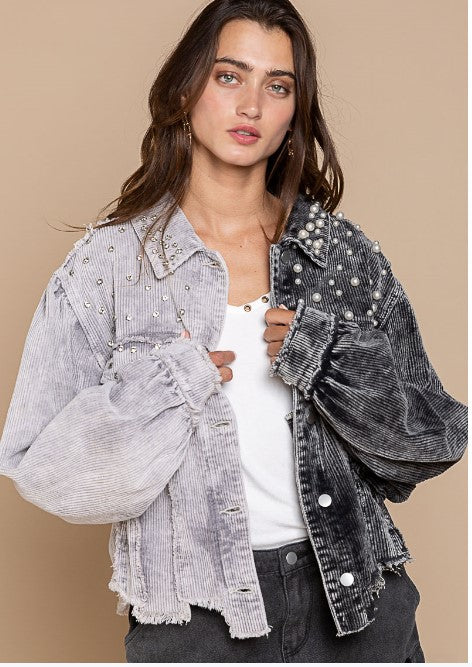 Embellished Corduroy Jacket Grey and Black