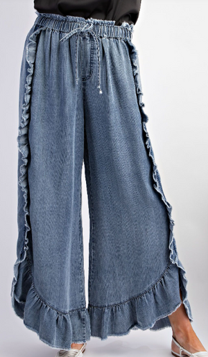 Ruffle Tie front Pants Denim Wash