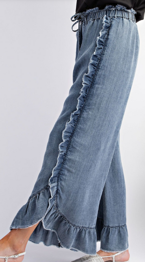 Ruffle Tie front Pants Denim Wash