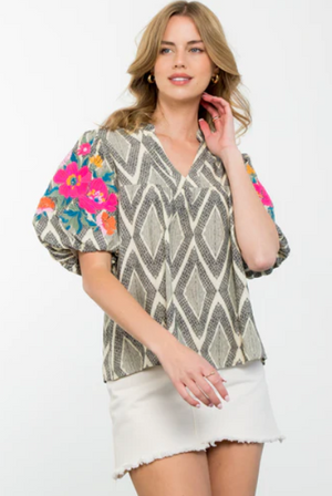 Geo Puff Sleeve Embroidery Top