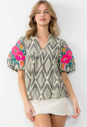 Geo Puff Sleeve Embroidery Top