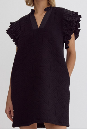 Textured Ruffle sleeve Dress Black