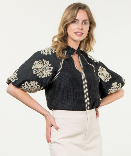 THML Floral Embroidery Top Black and Cream