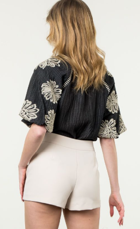 THML Floral Embroidery Top Black and Cream