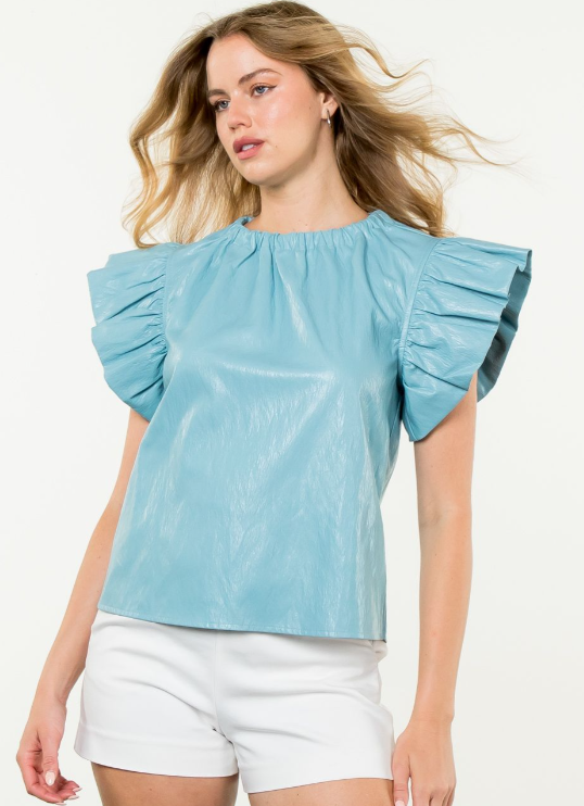 Pleated Blue Leather Top