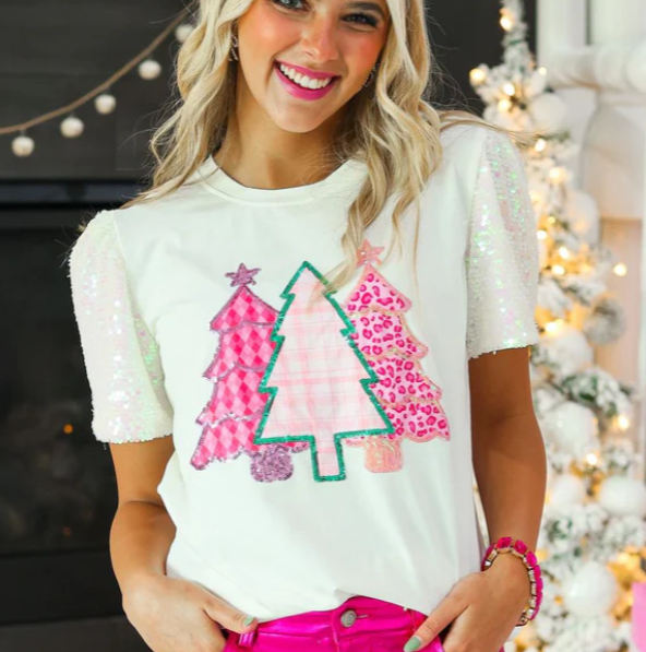 Christmas Tree Sequin T shirt white