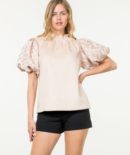 Basketweave sleeve Top Cream