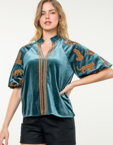 Cheetah Embroidered top Teal Velvet