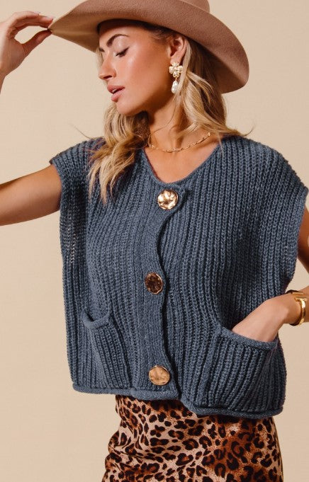 Sweater vest with Gold Buttons Blue