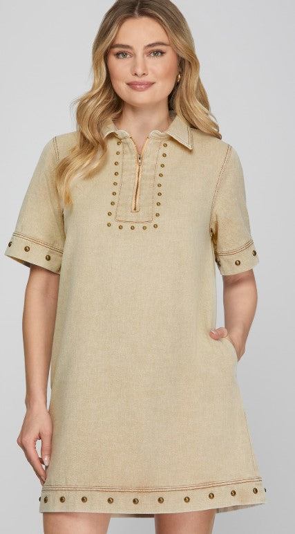 Studded Zip Dress Lt Taupe