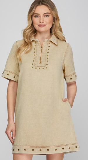 Studded Zip Dress Lt Taupe