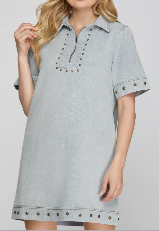 Studded Zip Dress Lt Denim