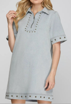 Studded Zip Dress Lt Denim