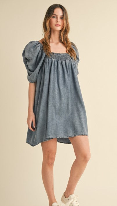 Smock Neck Denim Dress
