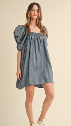 Smock Neck Denim Dress