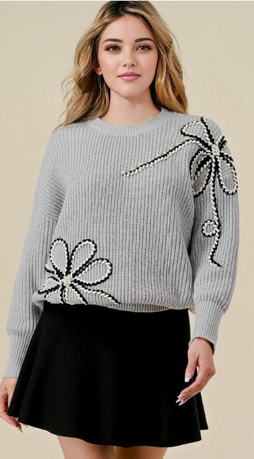 Floral Sweater with Pearls Gray