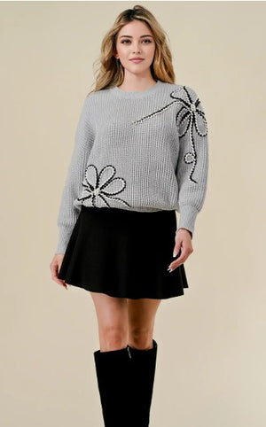 Floral Sweater with Pearls Gray