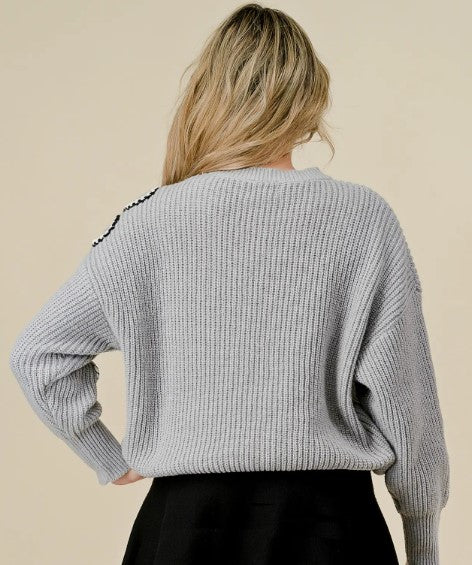 Floral Sweater with Pearls Gray