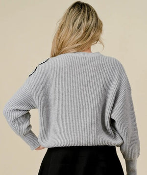 Floral Sweater with Pearls Gray