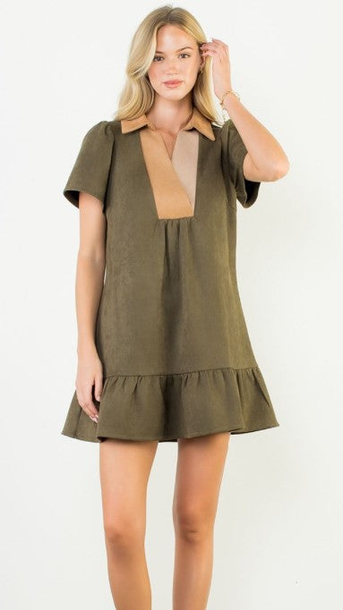Green Suede Ruffle Dress