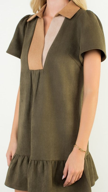 Green Suede Ruffle Dress
