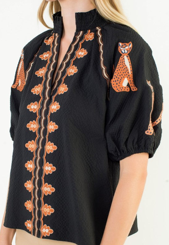 Cheetah Embroidery Top