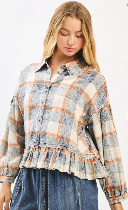 Washed Plaid Ruffle Hem Shacket