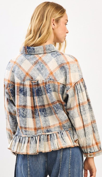 Washed Plaid Ruffle Hem Shacket