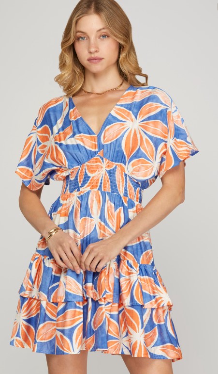 Floral Tiered skirt Dress Blue and Peach