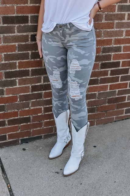 Camouflage Distressed Stretch Denim