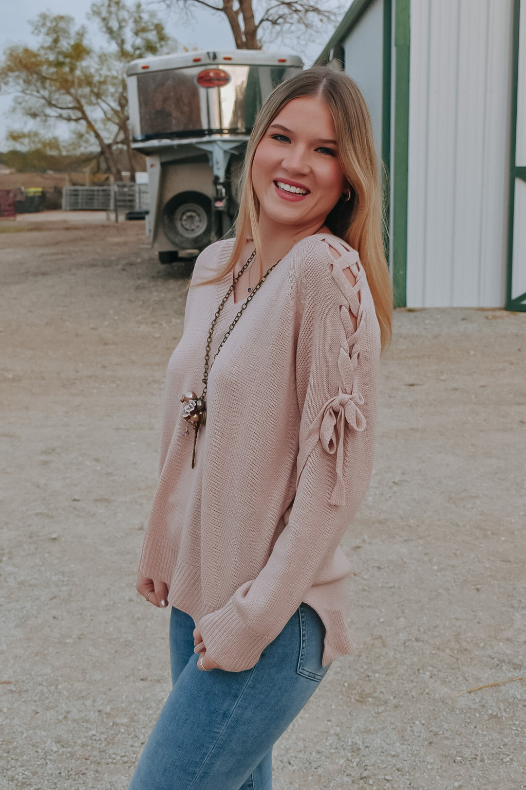 Lace up sleeve Blush Sweater