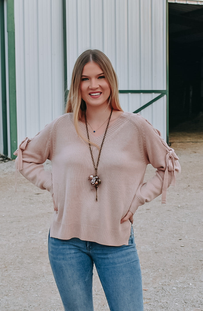 Lace up sleeve Blush Sweater