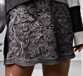 Faux Suede Skirt with Embroidery  Black