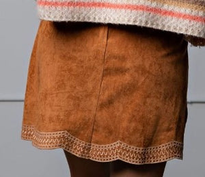 Faux Suede Skirt with Embroidery  Camel