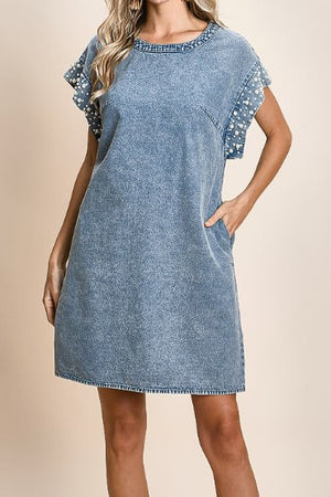 Denim Dress with Pearl and Stud details