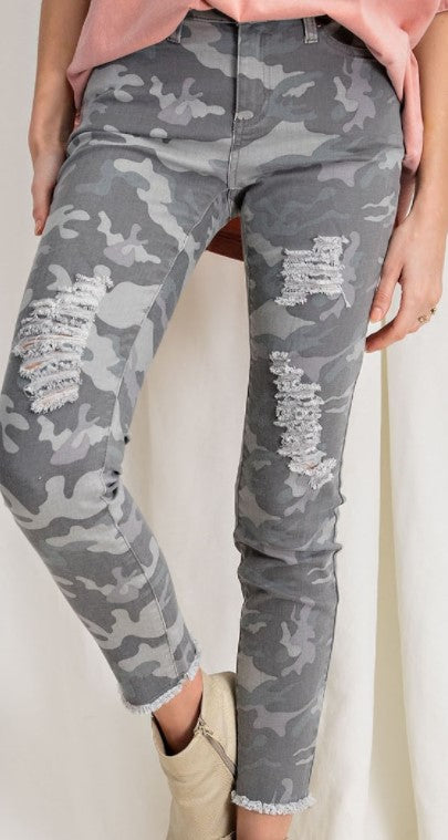 Camouflage Distressed Stretch Denim